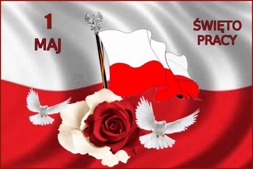 Flaga Polski ozdobiona gołębiami i różami